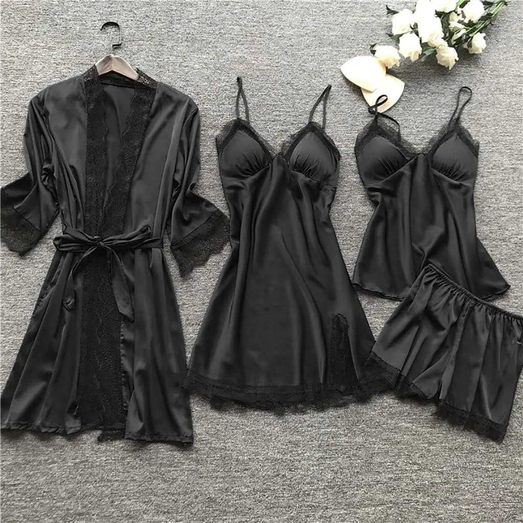 Silk Pajamas for Women Dress Plus Size Short Sleeve Nightgown Soft Comfy Summer Casual V-Neck Lace Splicing Sleepwear