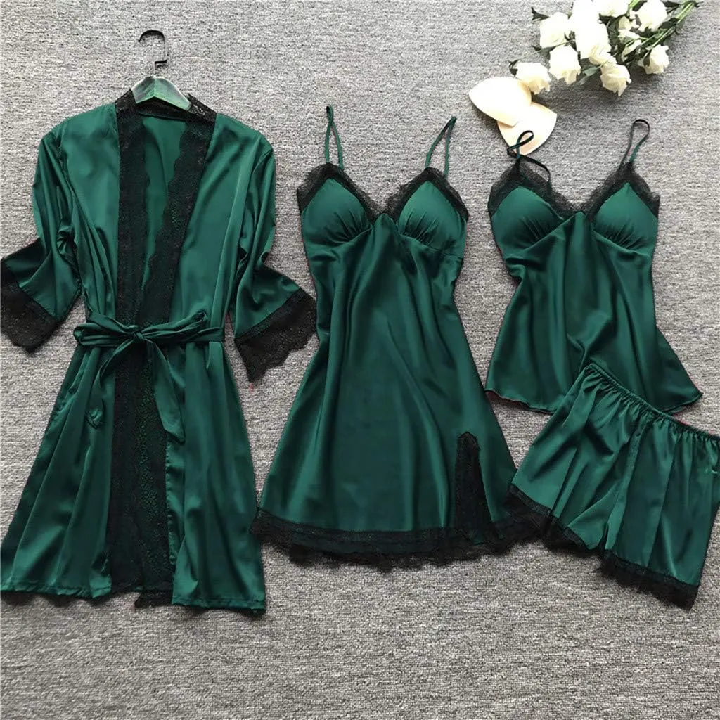 Silk Pajamas for Women Dress Plus Size Short Sleeve Nightgown Soft Comfy Summer Casual V-Neck Lace Splicing Sleepwear