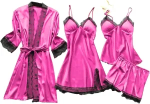 Silk Pajamas for Women Dress Plus Size Short Sleeve Nightgown Soft Comfy Summer Casual V-Neck Lace Splicing Sleepwear