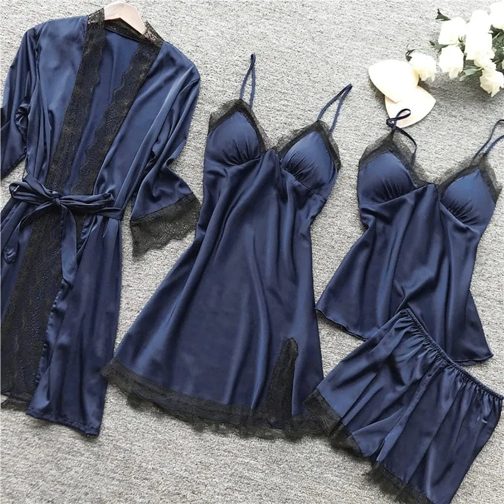 Silk Pajamas for Women Dress Plus Size Short Sleeve Nightgown Soft Comfy Summer Casual V-Neck Lace Splicing Sleepwear