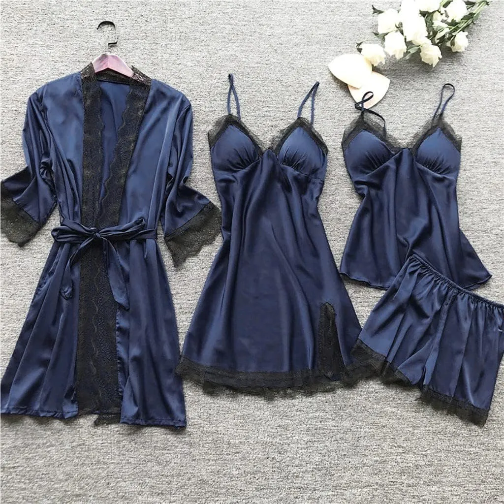 Silk Pajamas for Women Dress Plus Size Short Sleeve Nightgown Soft Comfy Summer Casual V-Neck Lace Splicing Sleepwear