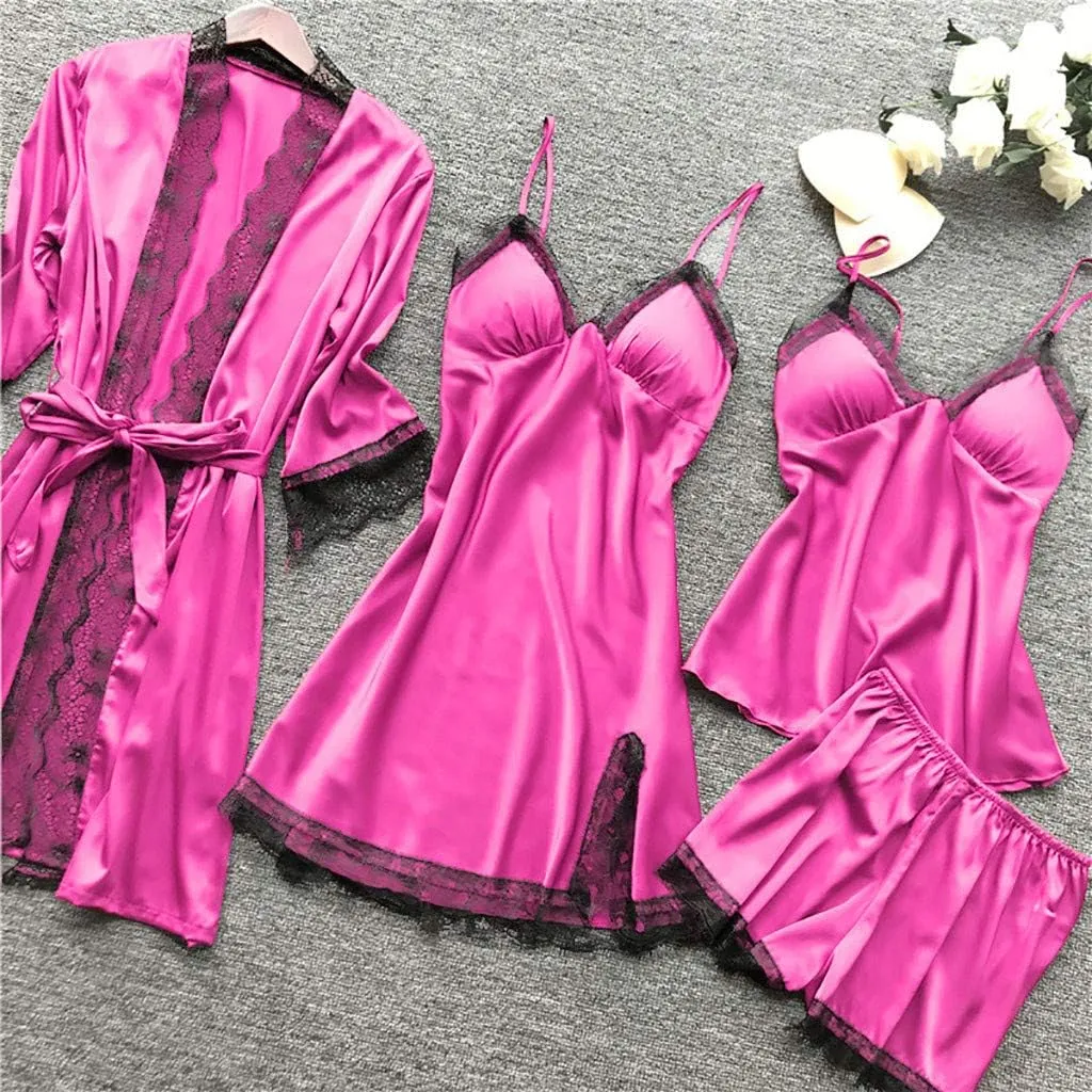 Silk Pajamas for Women Dress Plus Size Short Sleeve Nightgown Soft Comfy Summer Casual V-Neck Lace Splicing Sleepwear