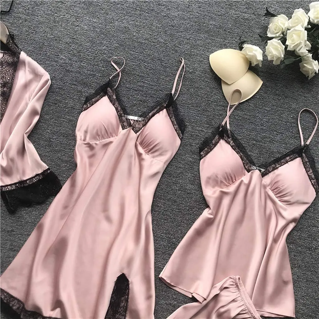 Silk Pajamas for Women Dress Plus Size Short Sleeve Nightgown Soft Comfy Summer Casual V-Neck Lace Splicing Sleepwear