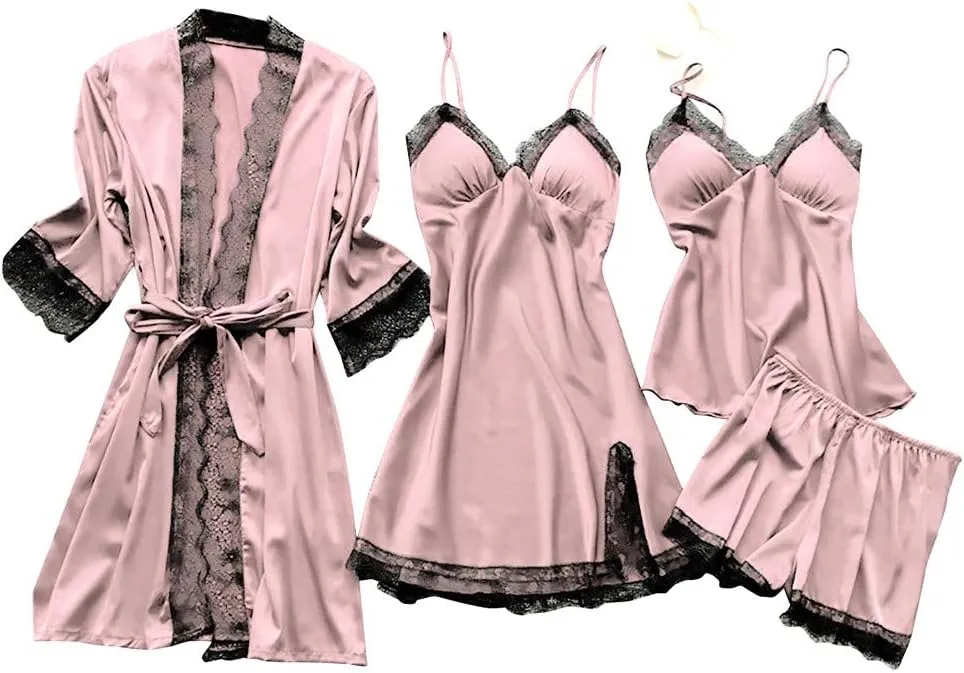 Silk Pajamas for Women Dress Plus Size Short Sleeve Nightgown Soft Comfy Summer Casual V-Neck Lace Splicing Sleepwear