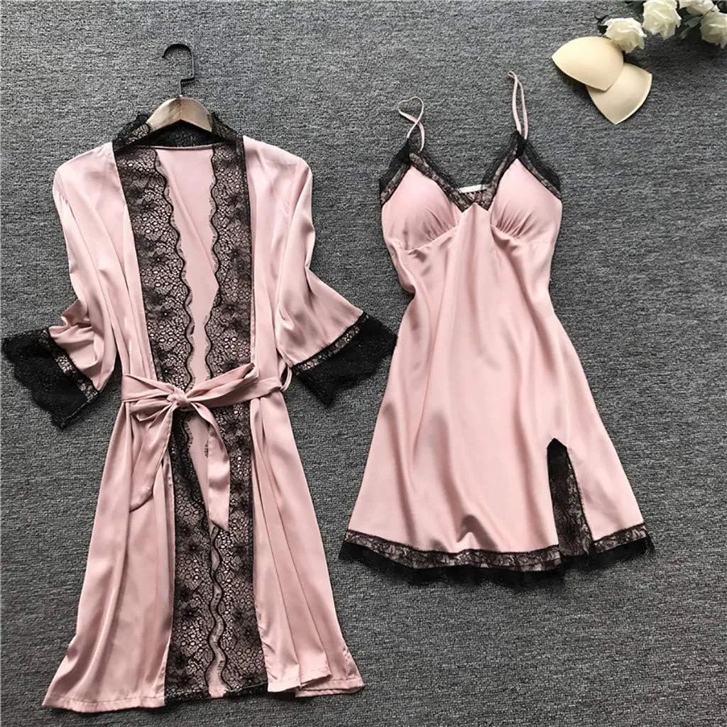 Silk Pajamas for Women Dress Plus Size Short Sleeve Nightgown Soft Comfy Summer Casual V-Neck Lace Splicing Sleepwear
