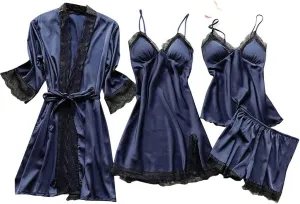 Silk Pajamas for Women Dress Plus Size Short Sleeve Nightgown Soft Comfy Summer Casual V-Neck Lace Splicing Sleepwear