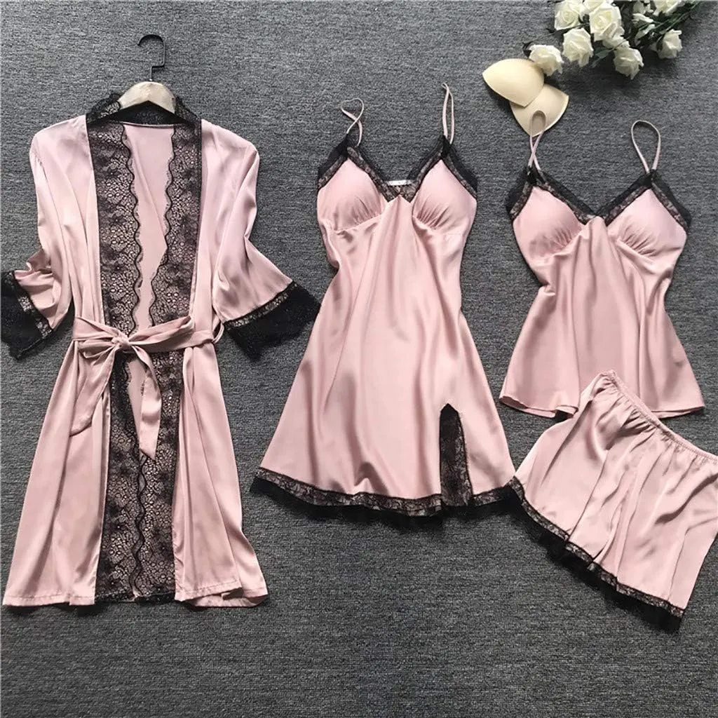 Silk Pajamas for Women Dress Plus Size Short Sleeve Nightgown Soft Comfy Summer Casual V-Neck Lace Splicing Sleepwear