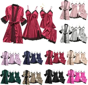 Silk Pajamas for Women Dress Plus Size Short Sleeve Nightgown Soft Comfy Summer Casual V-Neck Lace Splicing Sleepwear