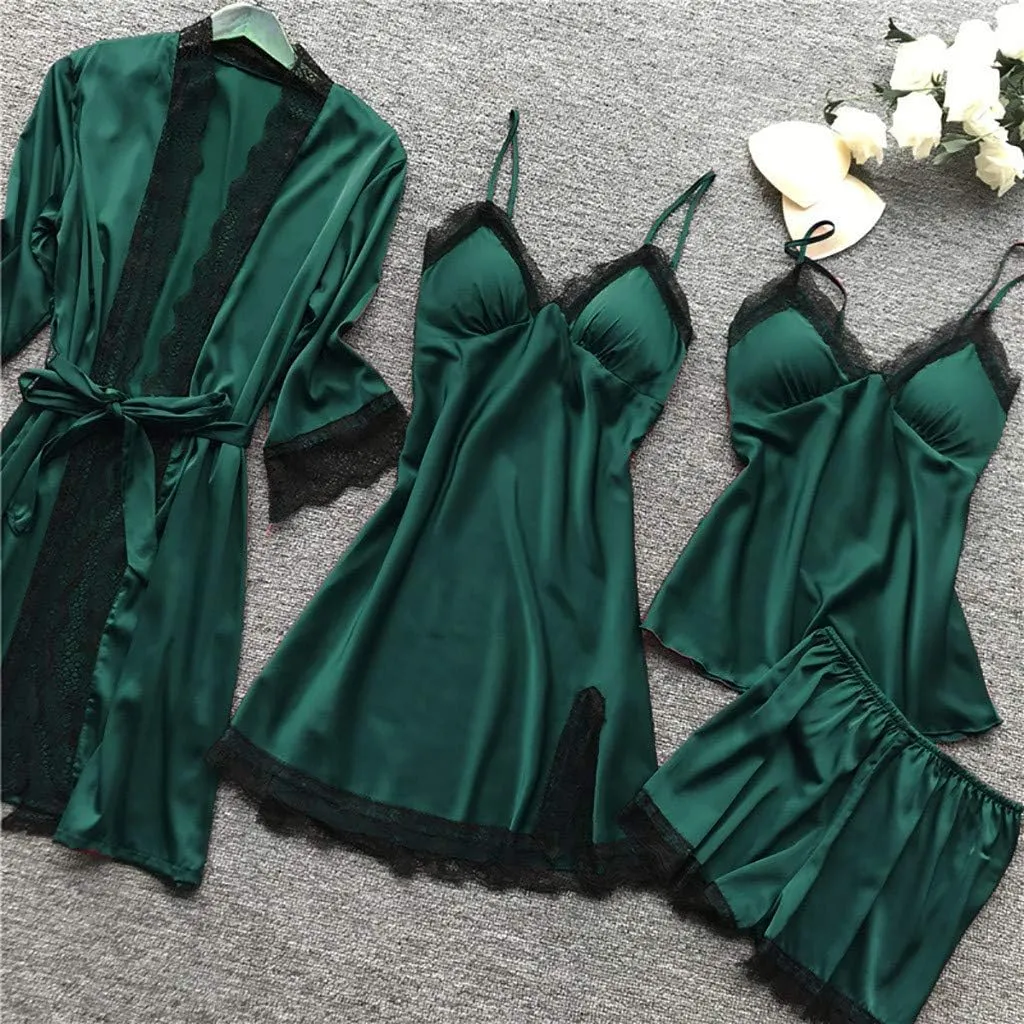 Silk Pajamas for Women Dress Plus Size Short Sleeve Nightgown Soft Comfy Summer Casual V-Neck Lace Splicing Sleepwear