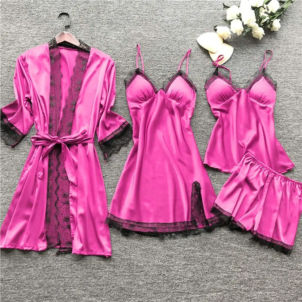 Silk Pajamas for Women Dress Plus Size Short Sleeve Nightgown Soft Comfy Summer Casual V-Neck Lace Splicing Sleepwear