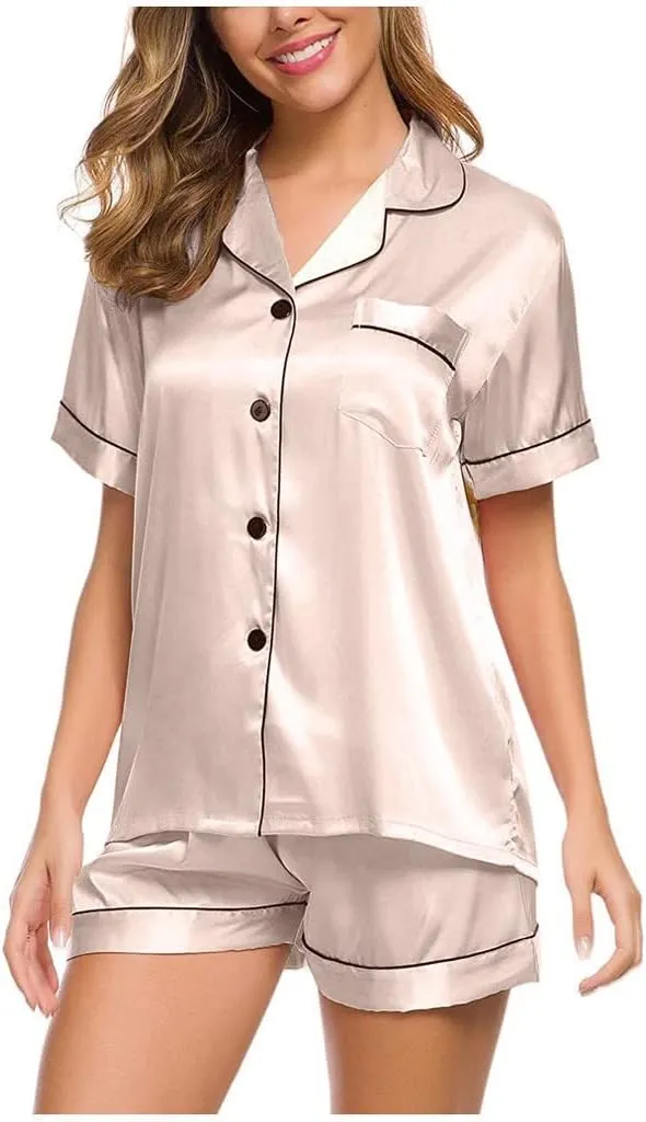 Silk Pajamas Womens Short Sleeve Sleepwear Soft Satin Button Down Robe Sets Loungewear 2 Piece Nightgown Shorts Set