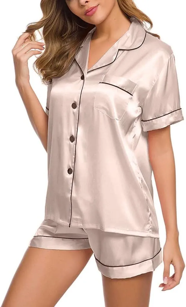 Silk Pajamas Womens Short Sleeve Sleepwear Soft Satin Button Down Robe Sets Loungewear 2 Piece Nightgown Shorts Set