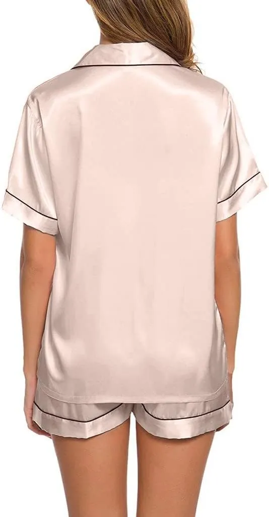 Silk Pajamas Womens Short Sleeve Sleepwear Soft Satin Button Down Robe Sets Loungewear 2 Piece Nightgown Shorts Set
