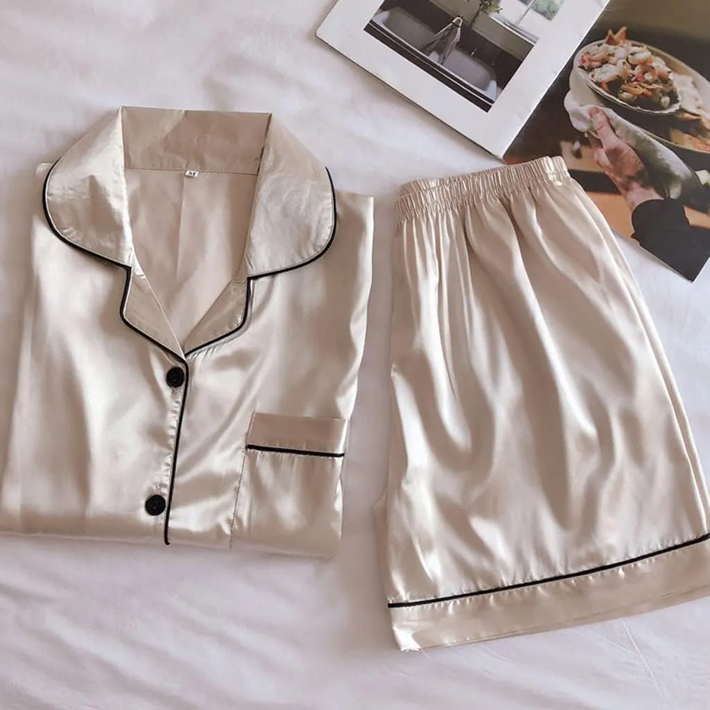 Silk Pajamas Womens Short Sleeve Sleepwear Soft Satin Button Down Robe Sets Loungewear 2 Piece Nightgown Shorts Set