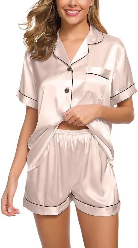 Silk Pajamas Womens Short Sleeve Sleepwear Soft Satin Button Down Robe Sets Loungewear 2 Piece Nightgown Shorts Set