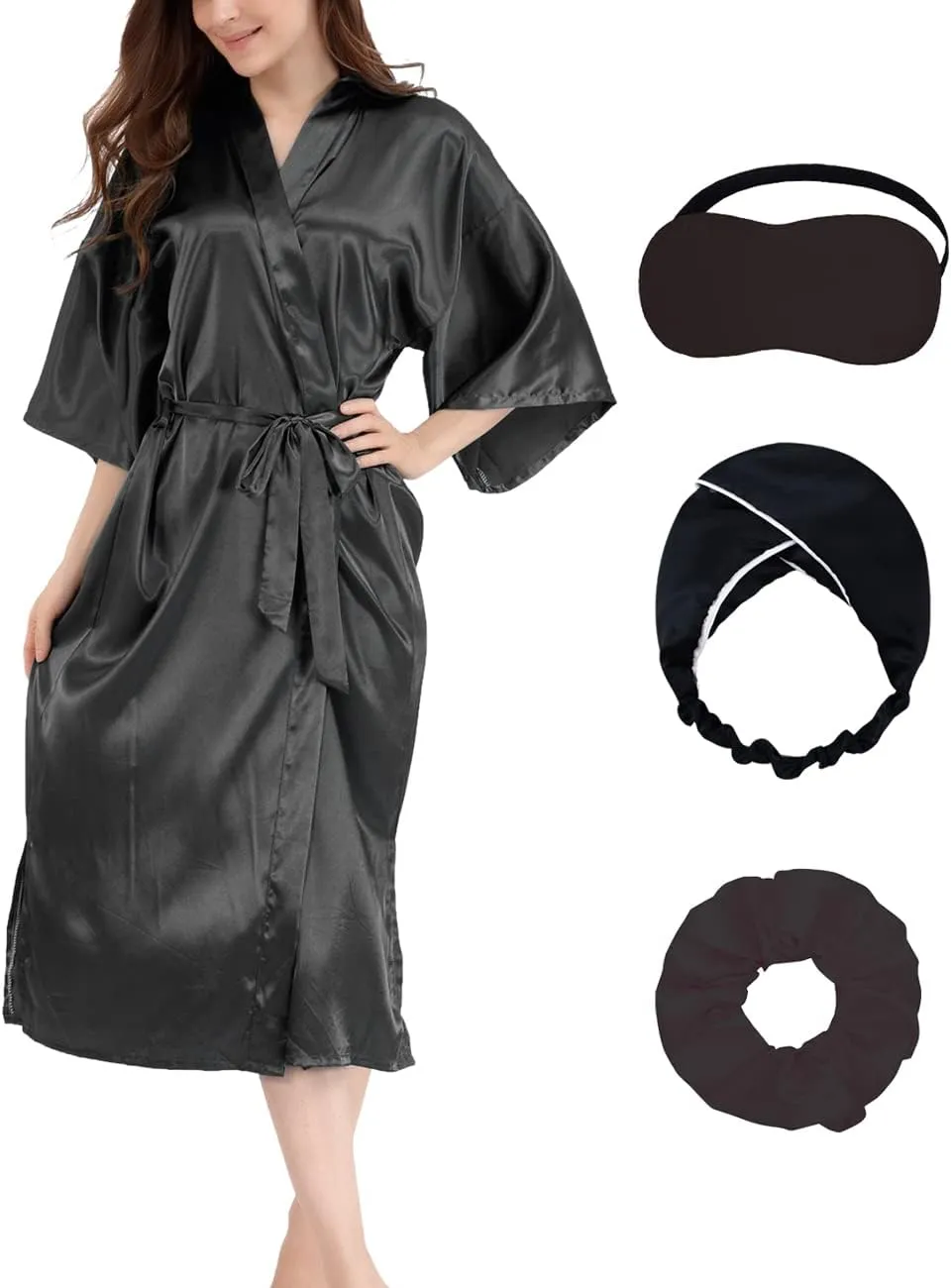 Silky Satin Robes for Women Bride Bridesmaid Wedding Party Long Kimono with Blindfold Hair Ties Hair Bands