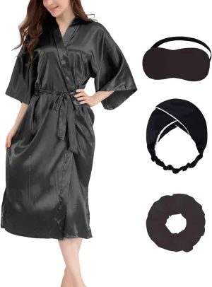 Silky Satin Robes for Women Bride Bridesmaid Wedding Party Long Kimono with Blindfold Hair Ties Hair Bands