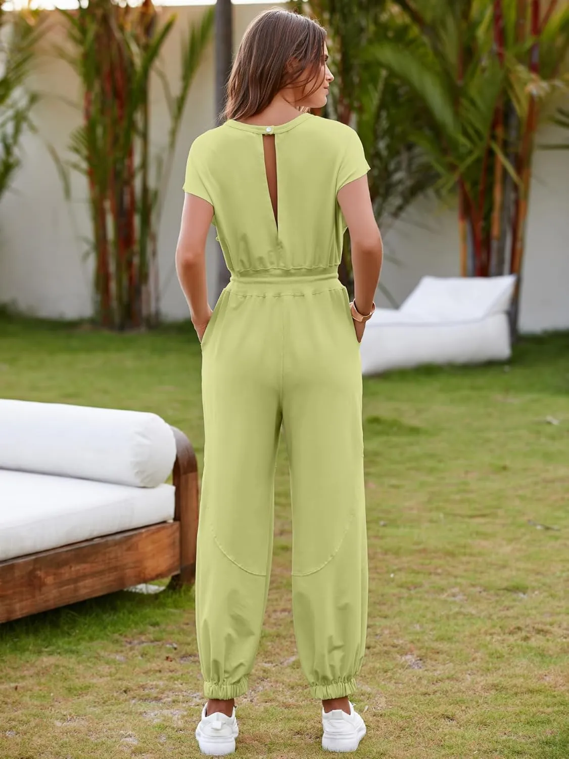 Simplee Women's Short Sleeve Casual Jumpsuit Loose Fit Open Back Summer Onesie Atheletic Jumpsuit with Pockets