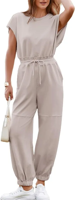 Simplee Women's Short Sleeve Casual Jumpsuit Loose Fit Open Back Summer Onesie Atheletic Jumpsuit with Pockets