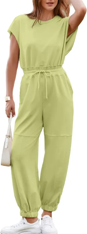 Simplee Women's Short Sleeve Casual Jumpsuit Loose Fit Open Back Summer Onesie Atheletic Jumpsuit with Pockets