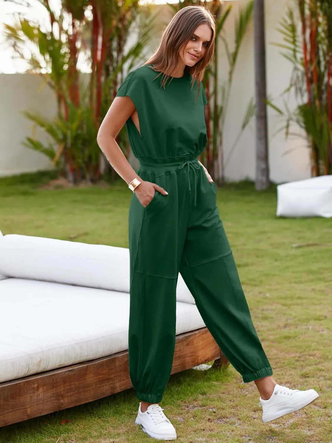 Simplee Women's Short Sleeve Casual Jumpsuit Loose Fit Open Back Summer Onesie Atheletic Jumpsuit with Pockets