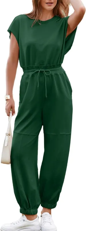 Simplee Women's Short Sleeve Casual Jumpsuit Loose Fit Open Back Summer Onesie Atheletic Jumpsuit with Pockets