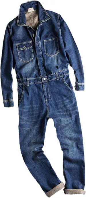 Spring Autumn Men's Denim Jumpsuits Long Sleeve Lapel Overalls Blue Jeans Hip Hop Cargo Pants Trousers