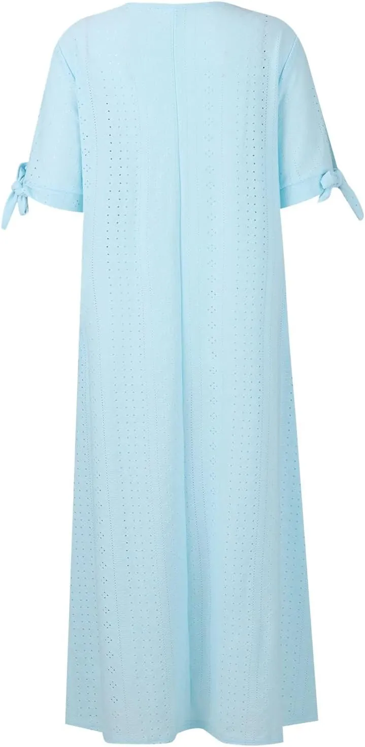 Summer Eyelet Dress for Women V Neck Short Sleeve Maxi Tshirt Dresses Casual Tie Open Front Long Graduation Dress