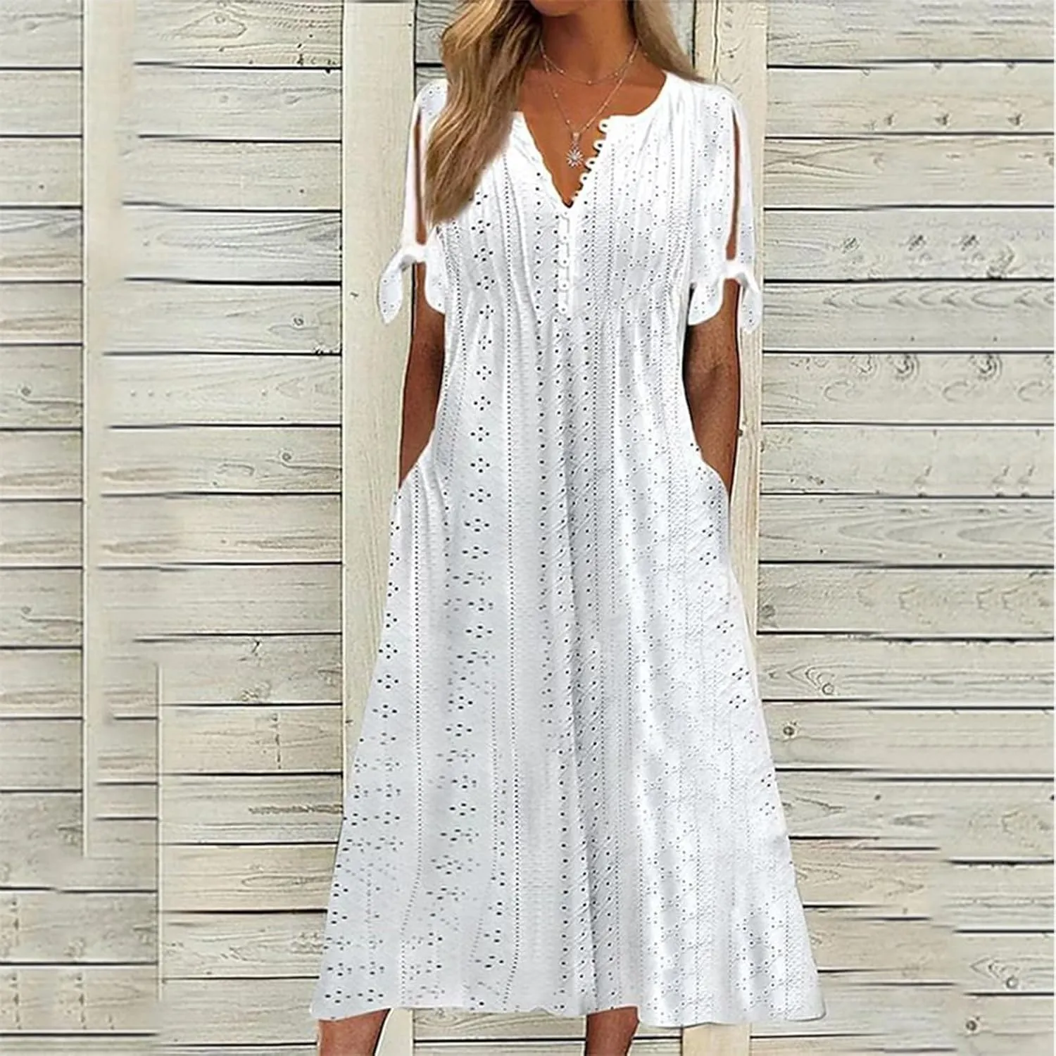 Summer Eyelet Dress for Women V Neck Short Sleeve Maxi Tshirt Dresses Casual Tie Open Front Long Graduation Dress