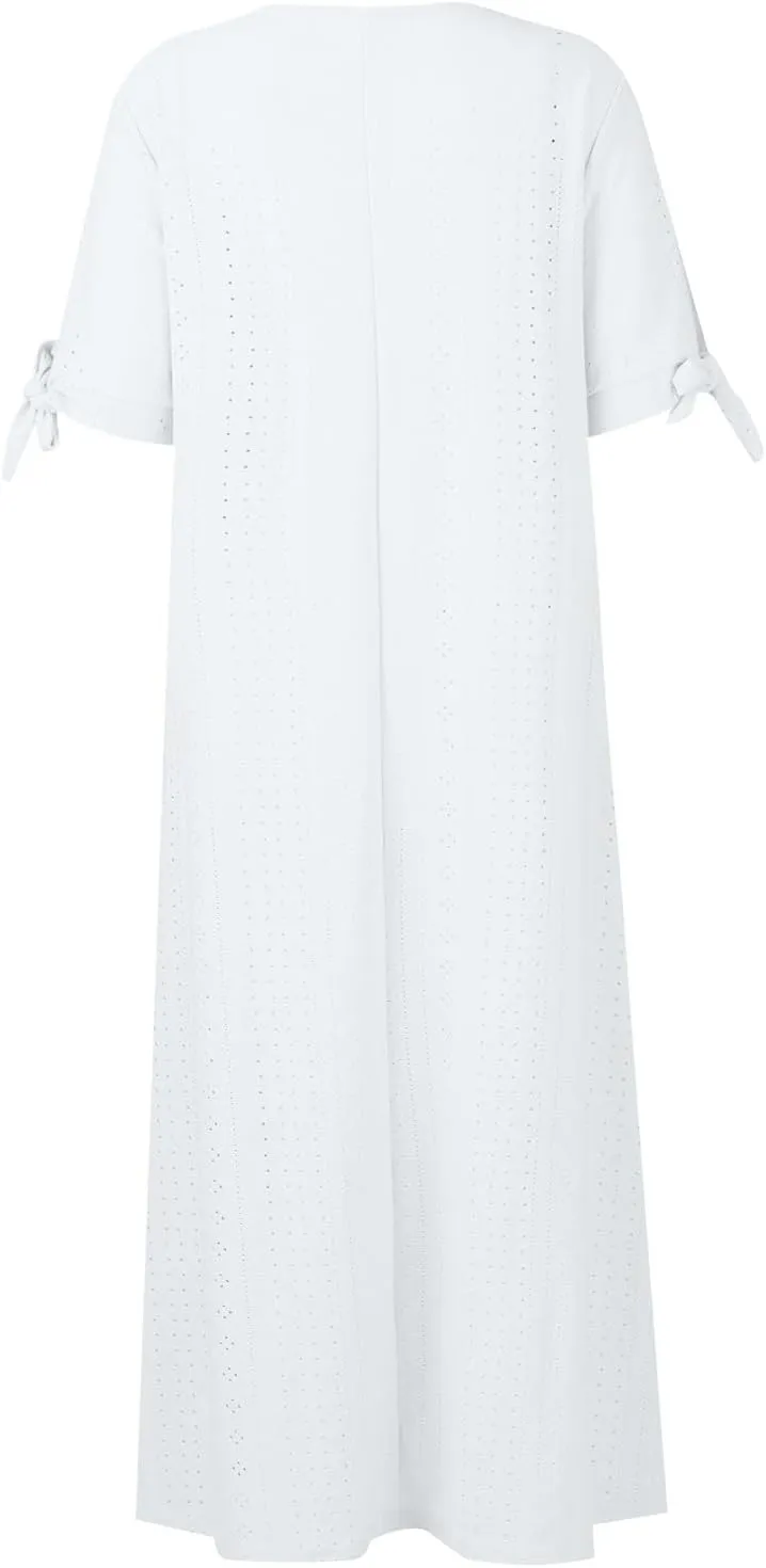 Summer Eyelet Dress for Women V Neck Short Sleeve Maxi Tshirt Dresses Casual Tie Open Front Long Graduation Dress