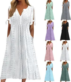 Summer Eyelet Dress for Women V Neck Short Sleeve Maxi Tshirt Dresses Casual Tie Open Front Long Graduation Dress