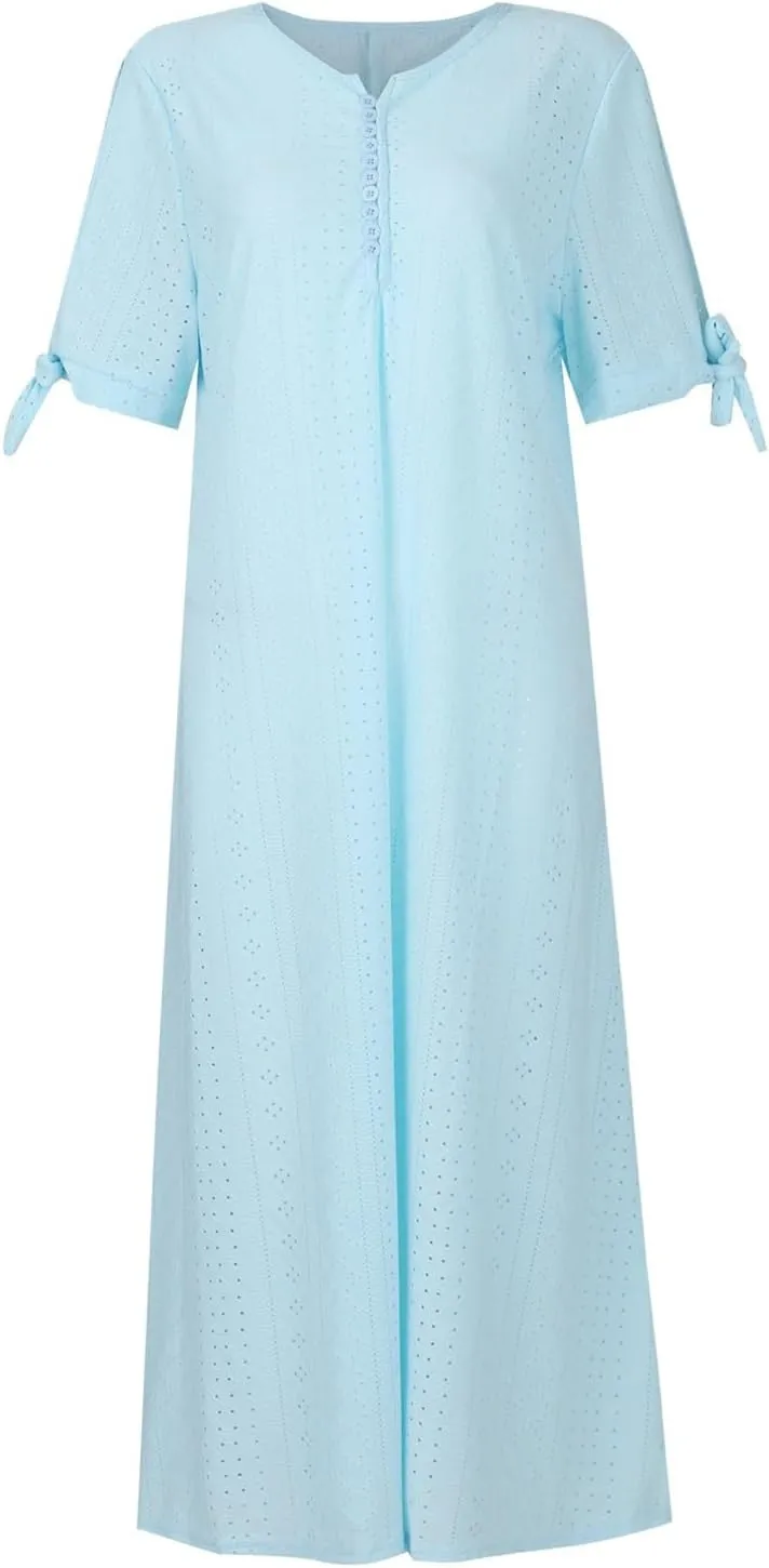 Summer Eyelet Dress for Women V Neck Short Sleeve Maxi Tshirt Dresses Casual Tie Open Front Long Graduation Dress