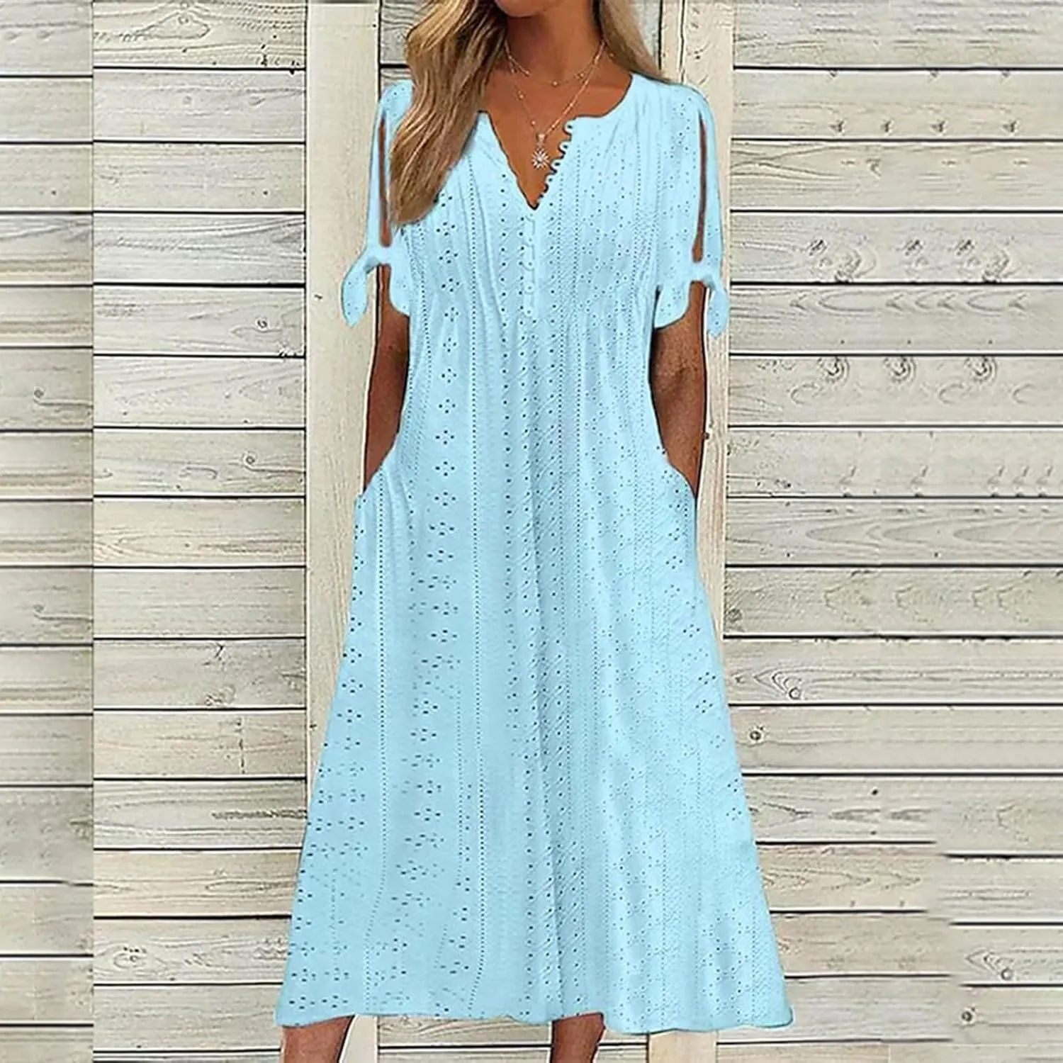 Summer Eyelet Dress for Women V Neck Short Sleeve Maxi Tshirt Dresses Casual Tie Open Front Long Graduation Dress