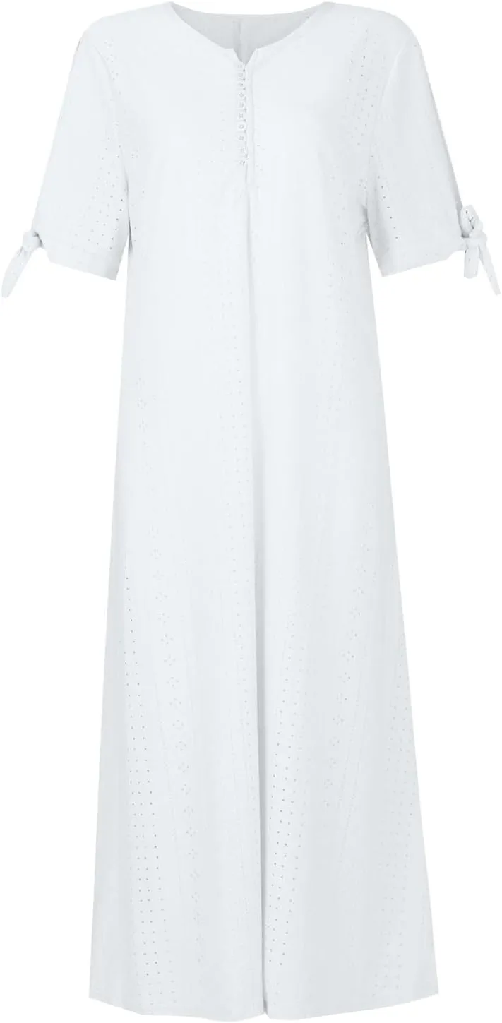 Summer Eyelet Dress for Women V Neck Short Sleeve Maxi Tshirt Dresses Casual Tie Open Front Long Graduation Dress