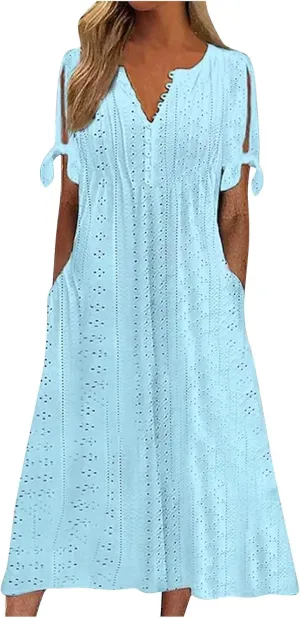 Summer Eyelet Dress for Women V Neck Short Sleeve Maxi Tshirt Dresses Casual Tie Open Front Long Graduation Dress
