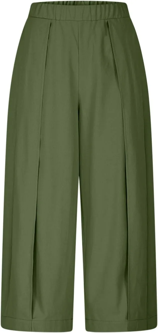 Summer Pants for Women High Waisted Wide Leg Pants Flowy Knicker Pant Trendy Crop Pant Casual Trousers with Pockets