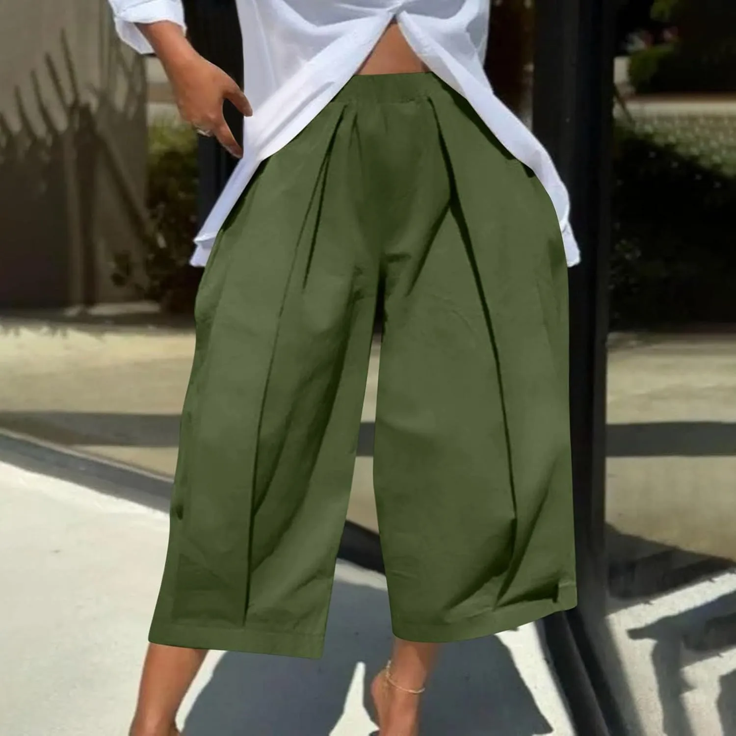 Summer Pants for Women High Waisted Wide Leg Pants Flowy Knicker Pant Trendy Crop Pant Casual Trousers with Pockets