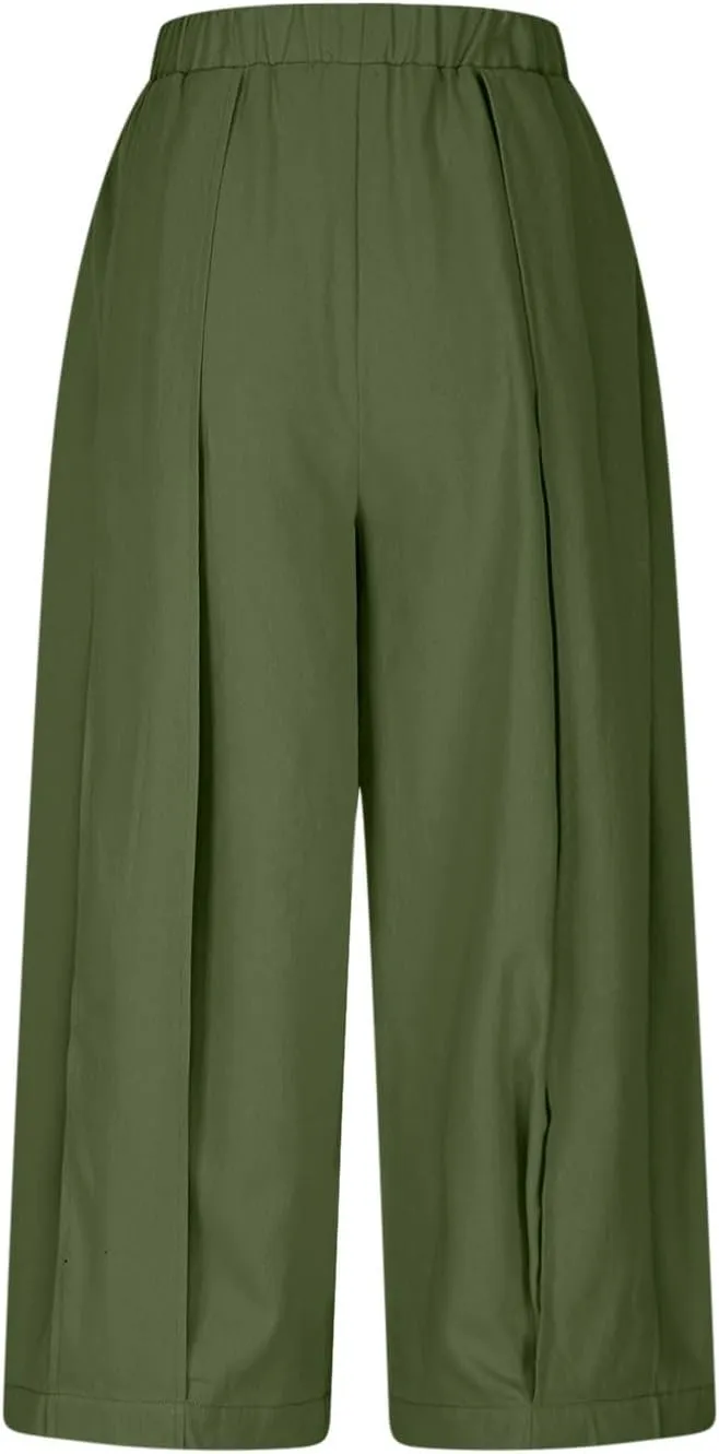 Summer Pants for Women High Waisted Wide Leg Pants Flowy Knicker Pant Trendy Crop Pant Casual Trousers with Pockets