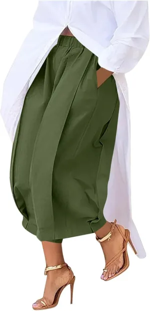Summer Pants for Women High Waisted Wide Leg Pants Flowy Knicker Pant Trendy Crop Pant Casual Trousers with Pockets