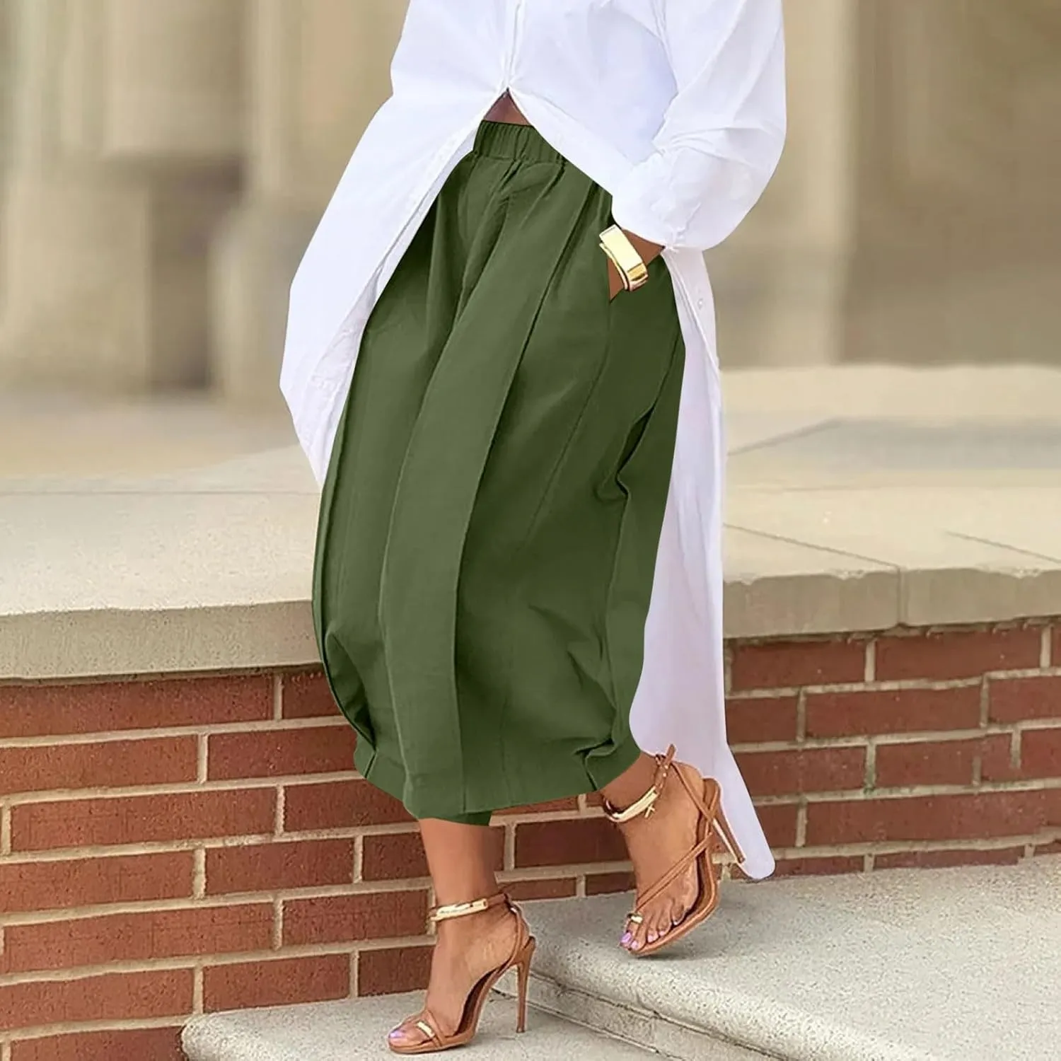 Summer Pants for Women High Waisted Wide Leg Pants Flowy Knicker Pant Trendy Crop Pant Casual Trousers with Pockets