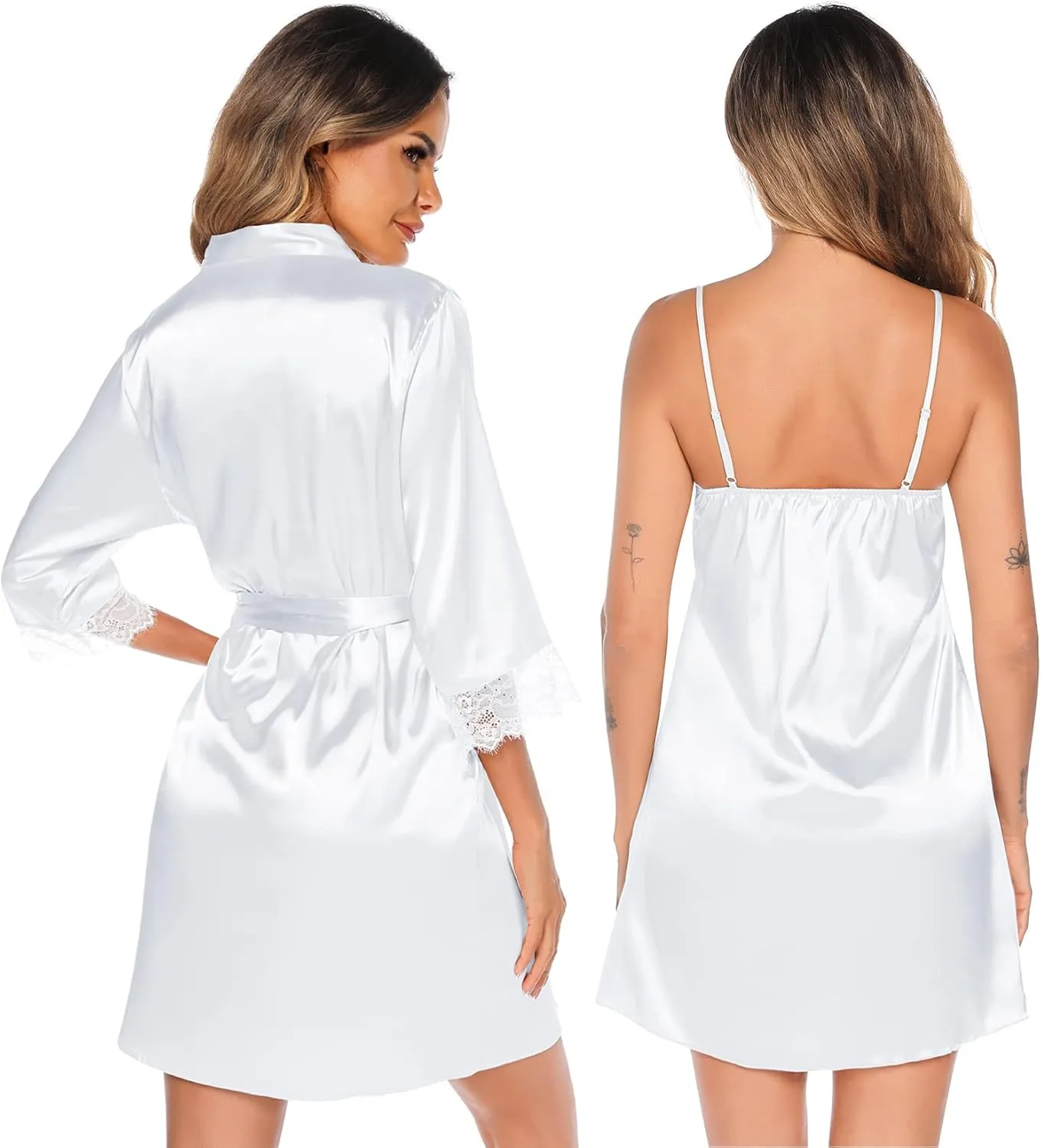 SWOMOG Women's Satin Robe Set 2 Piece Sexy Pajamas Sets Lace Cami Nightgown and Silk Robes Nightwear