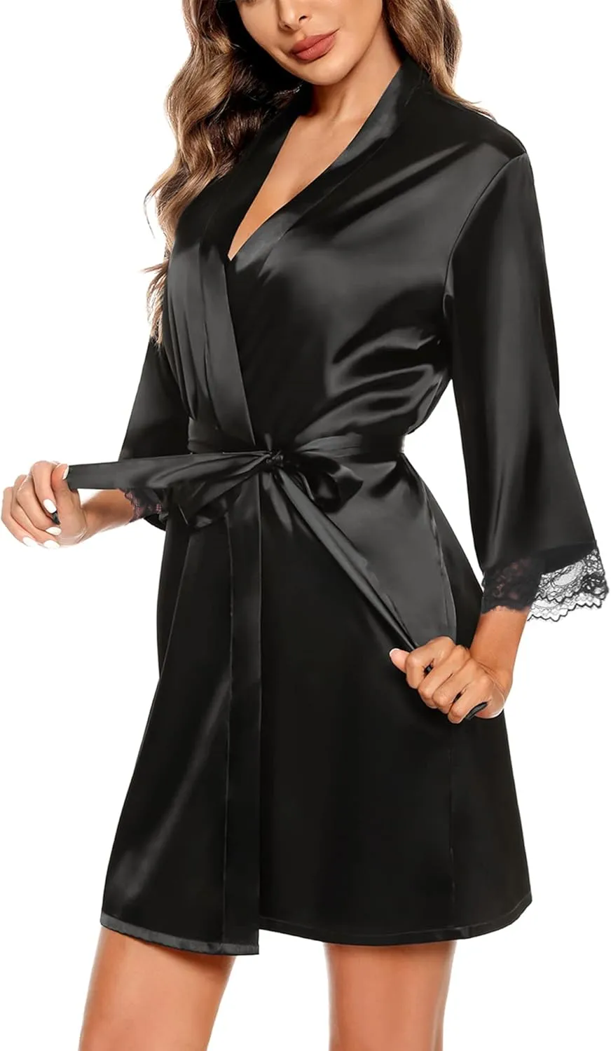 SWOMOG Women's Satin Robe Set 2 Piece Sexy Pajamas Sets Lace Cami Nightgown and Silk Robes Nightwear