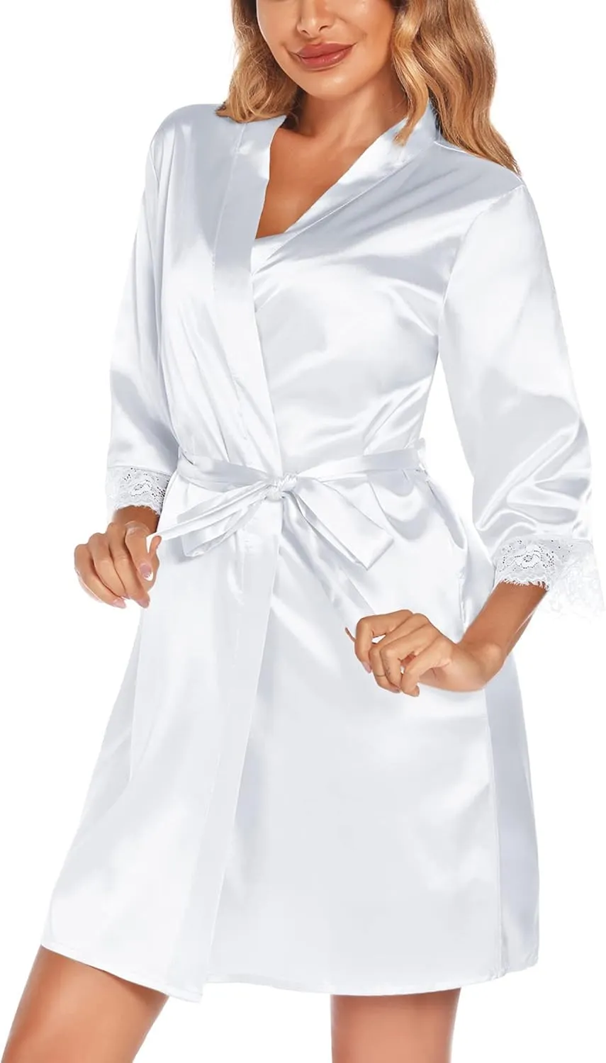 SWOMOG Women's Satin Robe Set 2 Piece Sexy Pajamas Sets Lace Cami Nightgown and Silk Robes Nightwear
