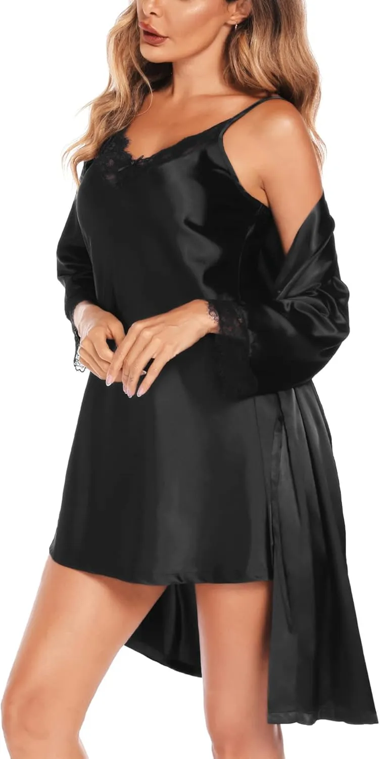 SWOMOG Women's Satin Robe Set 2 Piece Sexy Pajamas Sets Lace Cami Nightgown and Silk Robes Nightwear