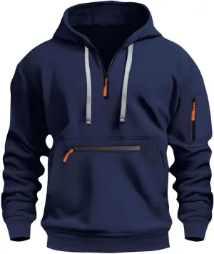 Tactical Hoodies for Men Comfy Quarter Zip Pullover with Multi Pockets Vintage Fleece Drawstring Hooded Sweatshirt