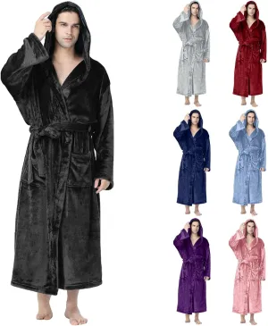 Thatrich Fleece BathRobe Men Hooded Sherpa Robe Winter Casual Sleepwear Full Length Pajamas Plain Lounge Wear Thermal Pjs Set