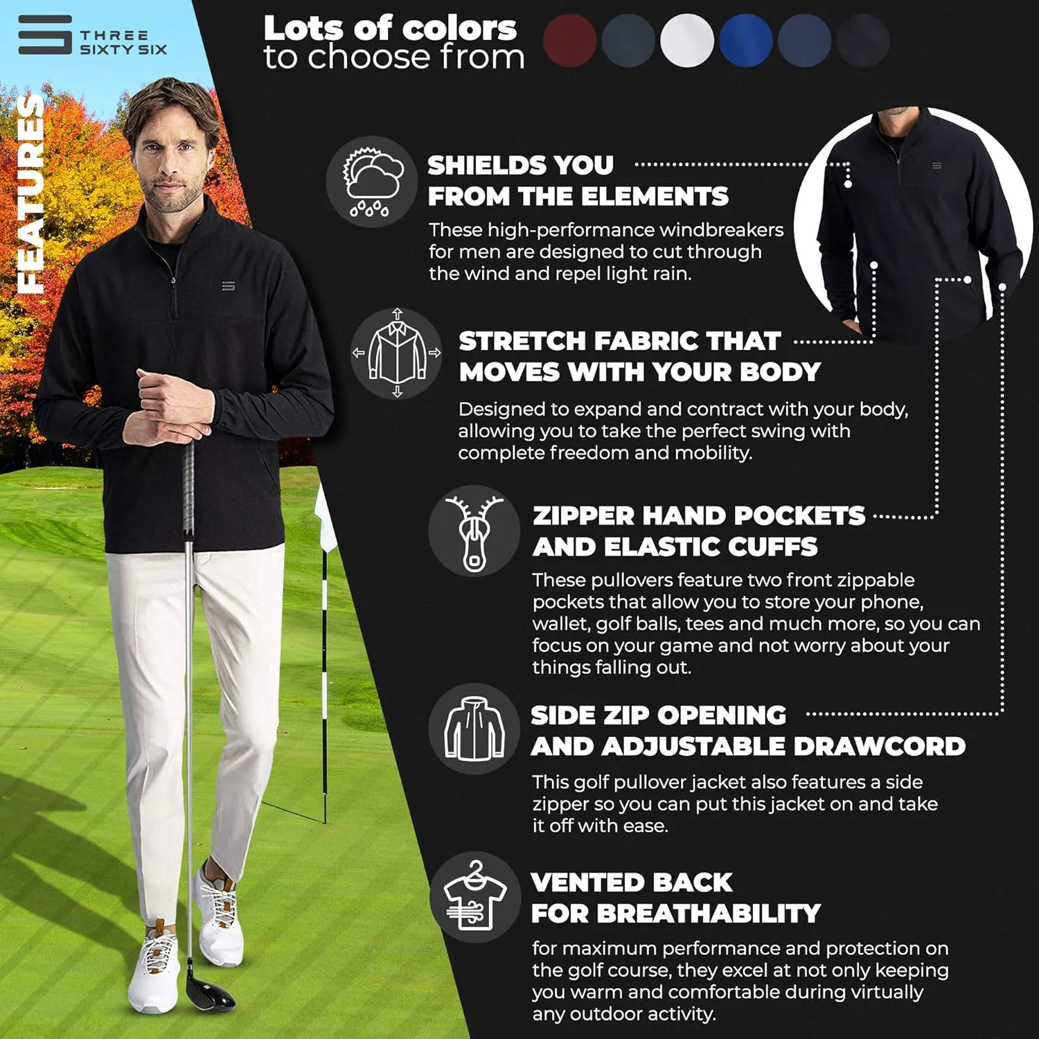 Three Sixty Six Mens Windbreaker Jackets - Zippered Golf Wind Breaker Jacket - Vented, Dry Fit