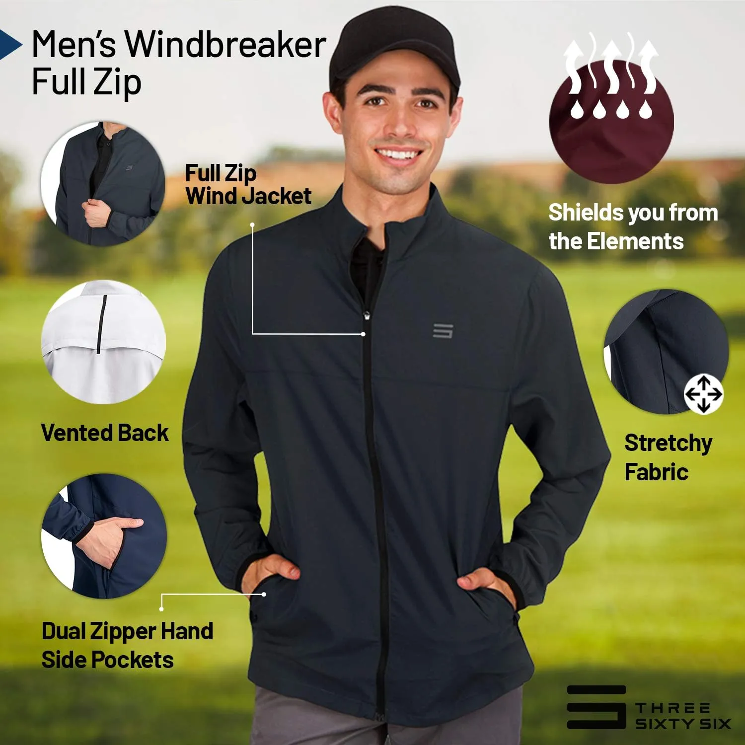 Three Sixty Six Mens Windbreaker Jackets - Zippered Golf Wind Breaker Jacket - Vented, Dry Fit