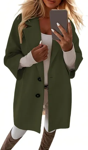 Trench Coat Women 3/4 Sleeve Lapel Neck Winter Pea Coats Casual Thermal Single Breasted Jacket Overcoat with Pockets