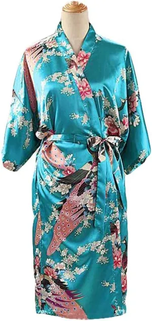 Turquoise - Peacock/Blossoms Women's Long Bathrobe Kimono Robe Silk-Like Pajamas